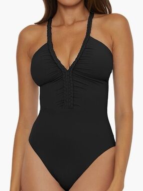 Soluna Lake Side Braided Maillot One-Piece Swimsuit Black V Neck Tie Back Size M